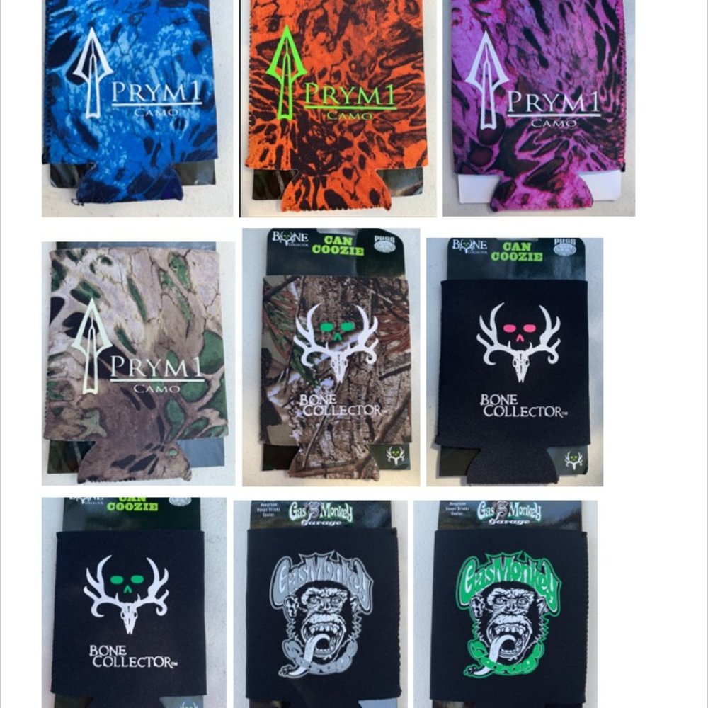 9 pc lot - u pick - Koozie, can sleeve, Camo, PRYM1, BONE COLLECTOR, GAS MONKEY